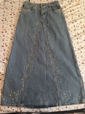 Rare Y2k Vintage Fairy Grunge Maxi Jean Embellished Skirt Anna Sui